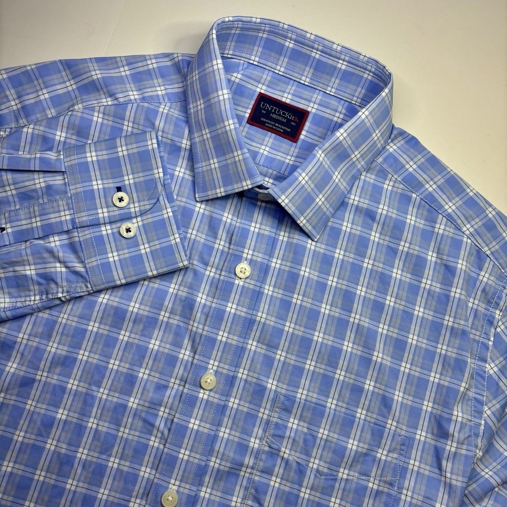 UNTUCKit Zonte Blue Plaid Performance Stretch Men's Medium Button Down Shirt - Picture 3 of 8